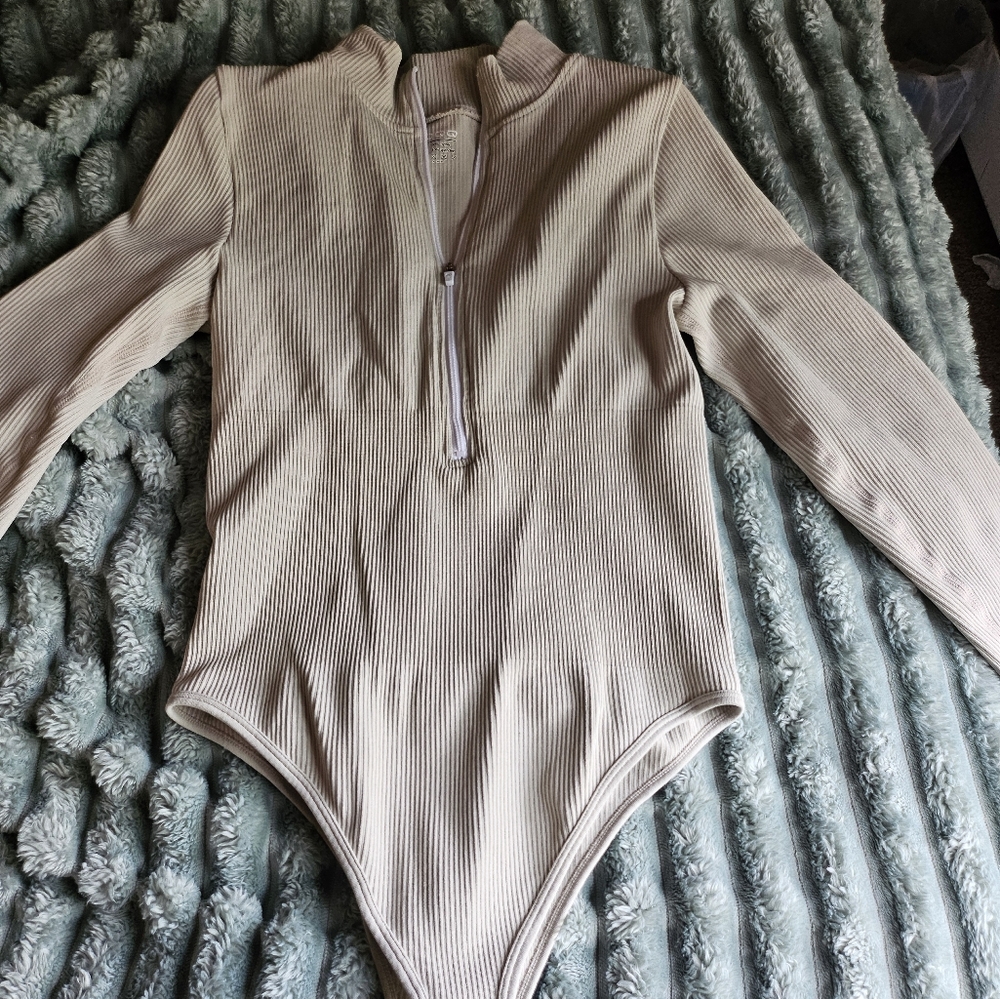 OQQ Tan Fitted Polo Bodysuit with Long Sleeves
